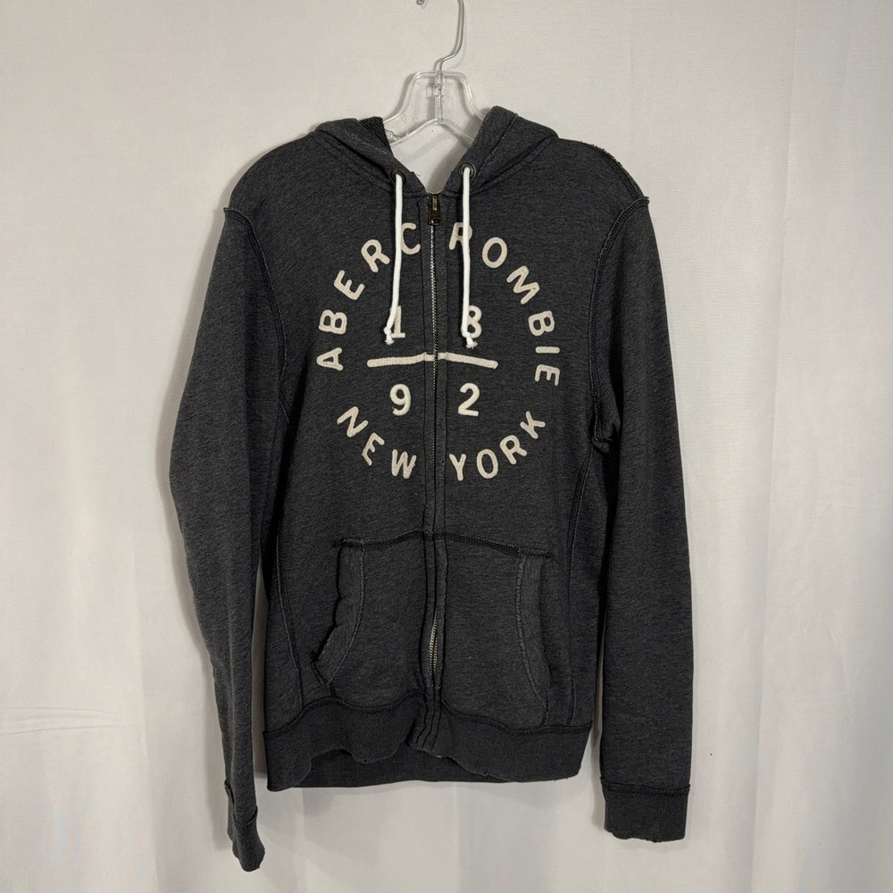 Y2K Abercrombie & Fitch Hoodie Muscle Fit Medium Logo Graphic Gray Full Zip Mens